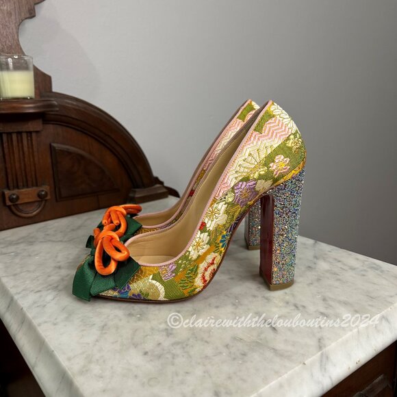 Christian Louboutin Shoes - Christian Louboutin Dolly Dola 100 Pollen Brocade Obi Pumps size 38